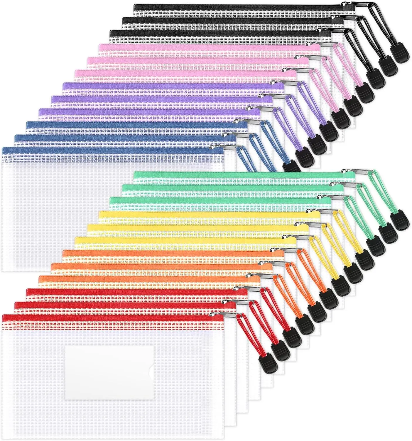 Sooez 24 Pack Mesh Zipper Pouch Bags with Label Pocket, A6 (9.1×4.7 in) Small Pencil Case Pouch for Organizing, Clear Plastic Pencil Pouches Bulk