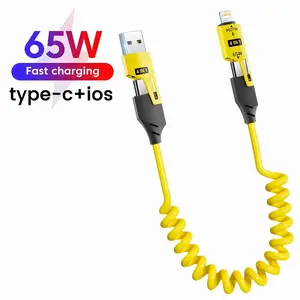 4 in 1 65W Spring Short Data Cable 6A USB Type C Spring Telescopic Quick Charger Wire Spring USB Cable for iPhone 15 14 13 12#Co