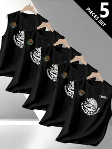 Men's Mexico Flag & Coat of Arms Print 5-Piece Sleeveless Vest Set, Comfortable Fashion Round Neck Design, Ideal for Daily Commute Sportswear