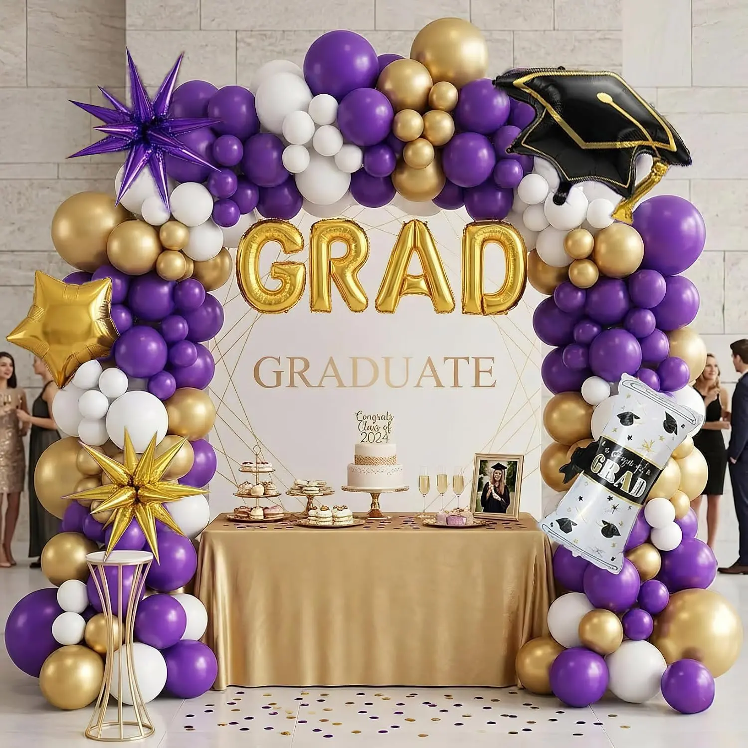 Graduate Party Decorations Purple Gold Balloon Arch with Grad Hat and Confetti for Celebrations