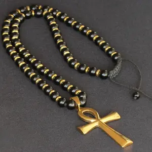 Ankh Cross & Natural Black Onyx Gemstone Protection Beaded Long Macrame Adjustable Necklace Gift For Him Gift Jewellery fashion necklace