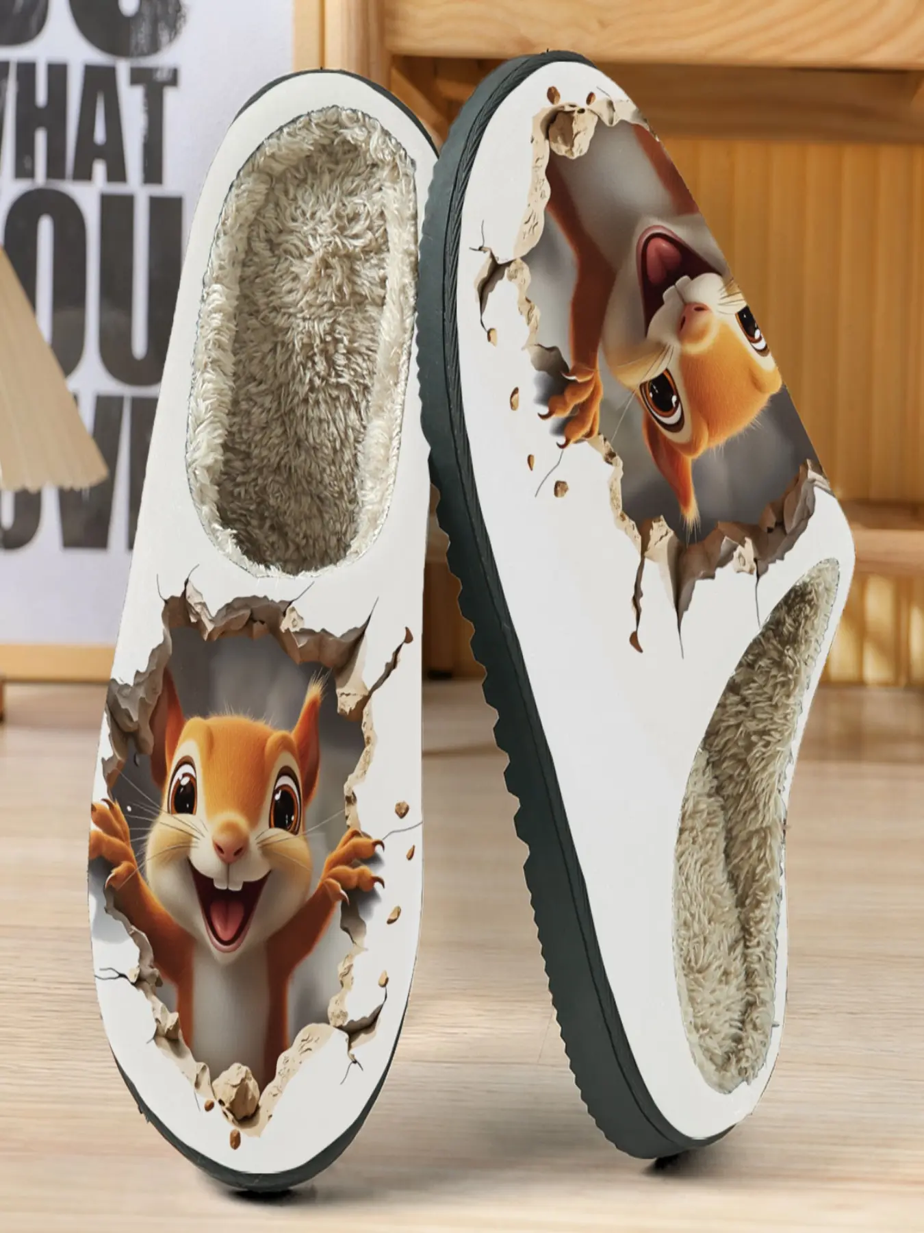 Cute Squirrel Theme Cotton Slippers, Base with 3D Hole Design, Soft Plush Lining, Casual Home Wear for Fall & Winter