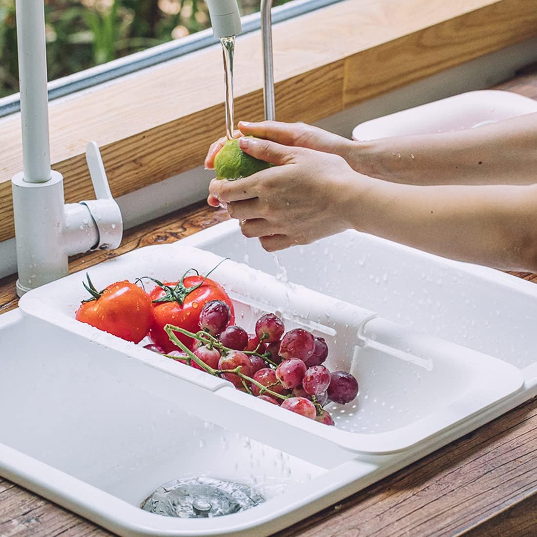 Collapsible Drain Basket, Kitchen Sink Strainer, Vegetable Wash Basket, Storage Rack, Fruit and Vegetable Drain Basket, Milky White,Draining Utensils outdoorfun