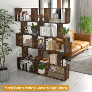 New 5-Tier Geometric S-Shaped Bookcase, Rustic Wooden Room Divider Storage Display Shelf, 62.5" Tall Freestanding Shelving Unit for Home & Office Deco