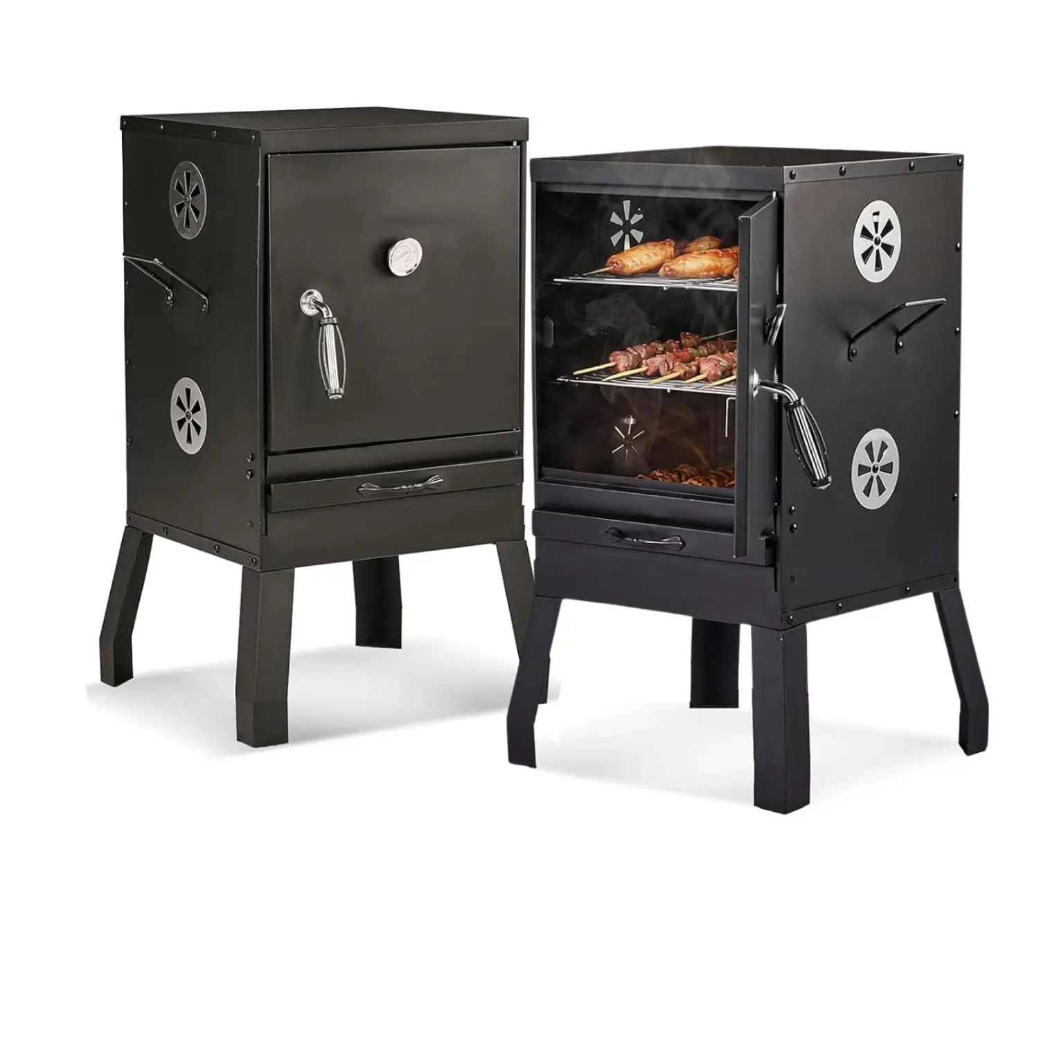 Black Vertical Charcoal Outdoor Smoker - Aluminium Barbecue Grill with Double Doors, 2 Detachable Frying Racks, Efficient Charcoal Pan System, Side Door Access, Compact Footprint for Camping, Picnic, Dual-Purpose Design, Deep Charcoal Pan