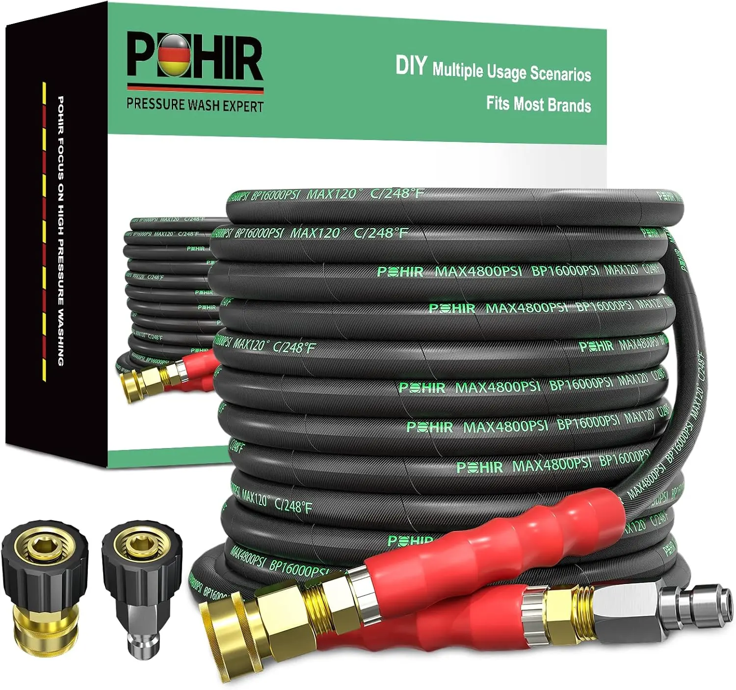 POHIR 3/8'' High Pressure Washer Hose with 3/8'' Quick Connect Fittings, 4800 PSI Industrial Grade Steel Wire Construction, Power Washer Hose Spring Guard, High Pressure Hose