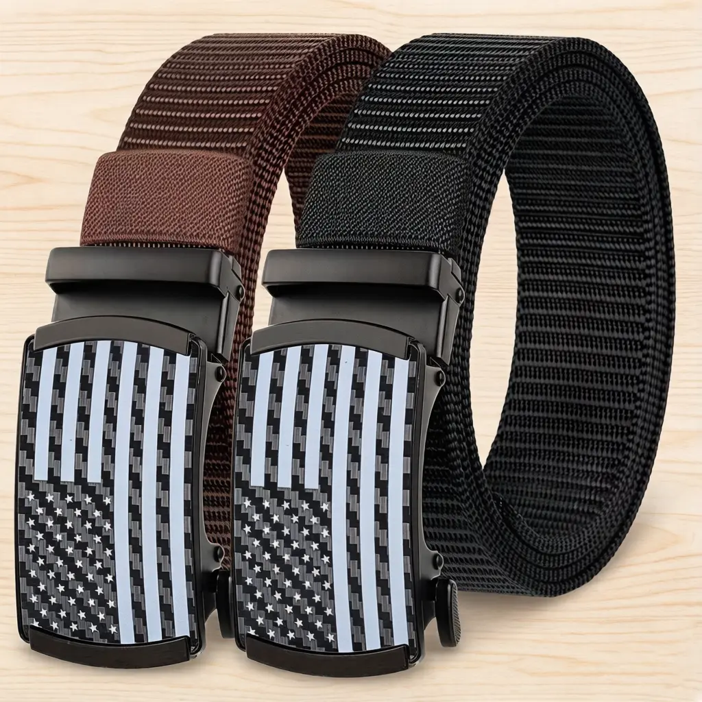 Male Heavy Duty Nylon Ratchet Belt - Auto Buckle, Micro-Adjusted Webbing Belt with American Flag, Ideal for Casual Wear, Work Golf Belt