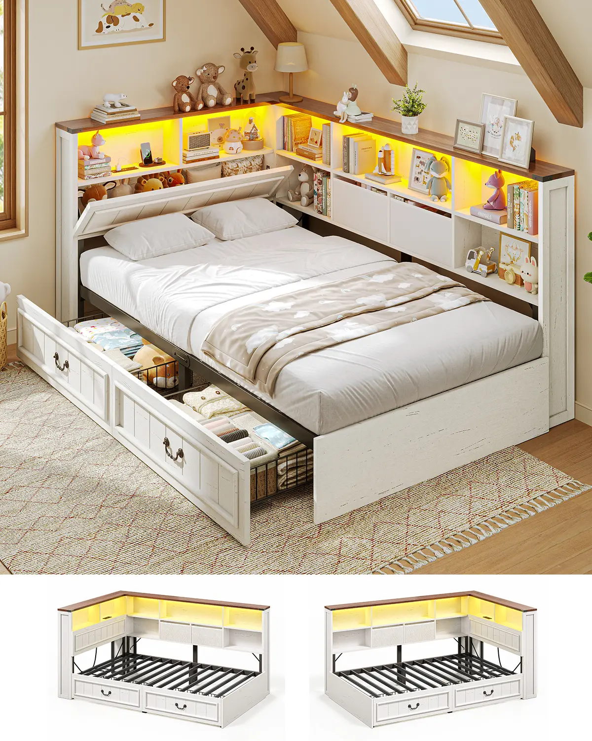 AOGLLATI Twin Corner Bed Frame with Storage Drawers and Bookcase Hidden Headboard Farmhouse Wood Daybed with Charging Station and Led Lights