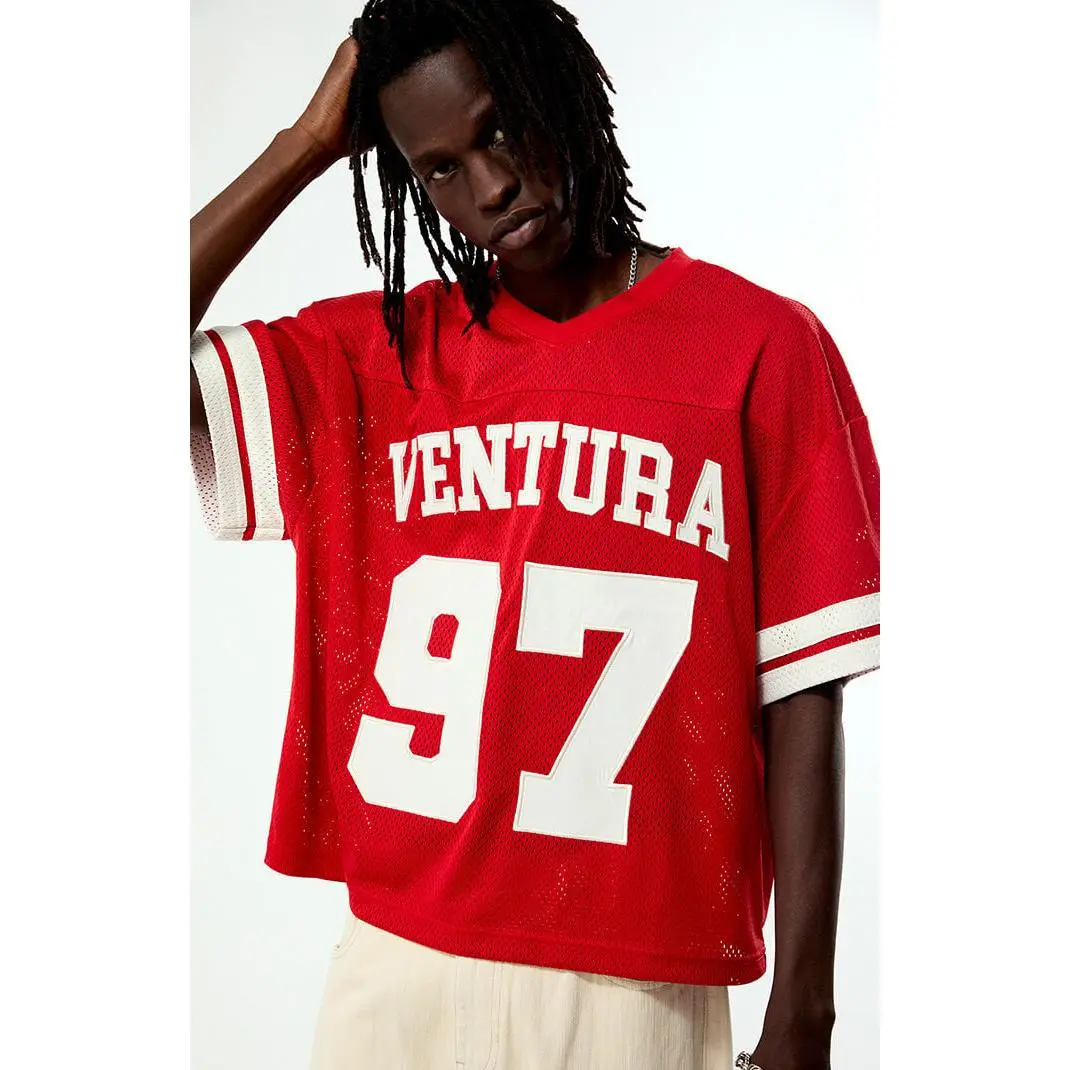 Pacsun Men's Red Ventura Cropped Football Jersey
