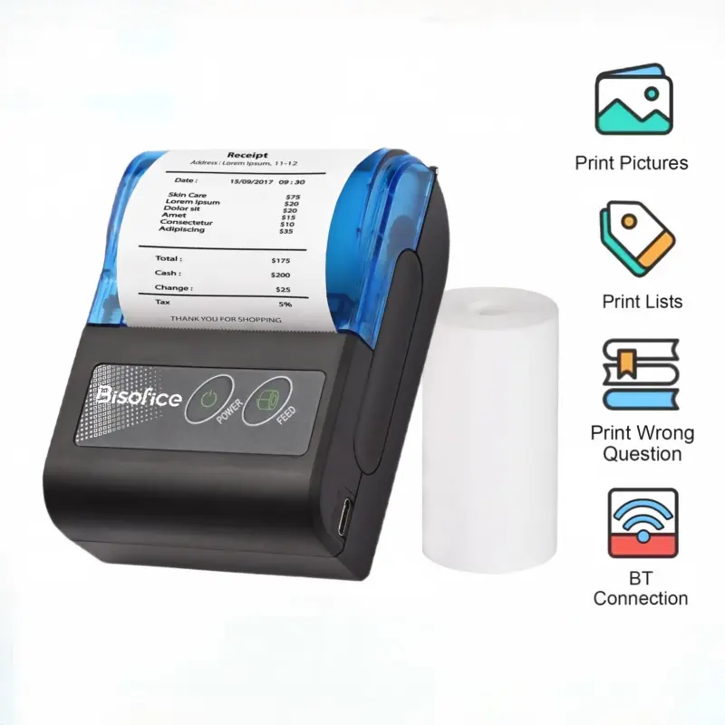 Portable Mini Thermal Printer 2 Inch Wireless USB Receipt Bill Ticket Printer with 58mm Print Paper Compatible with IOS Android Windows for Restaurant Sales Retail