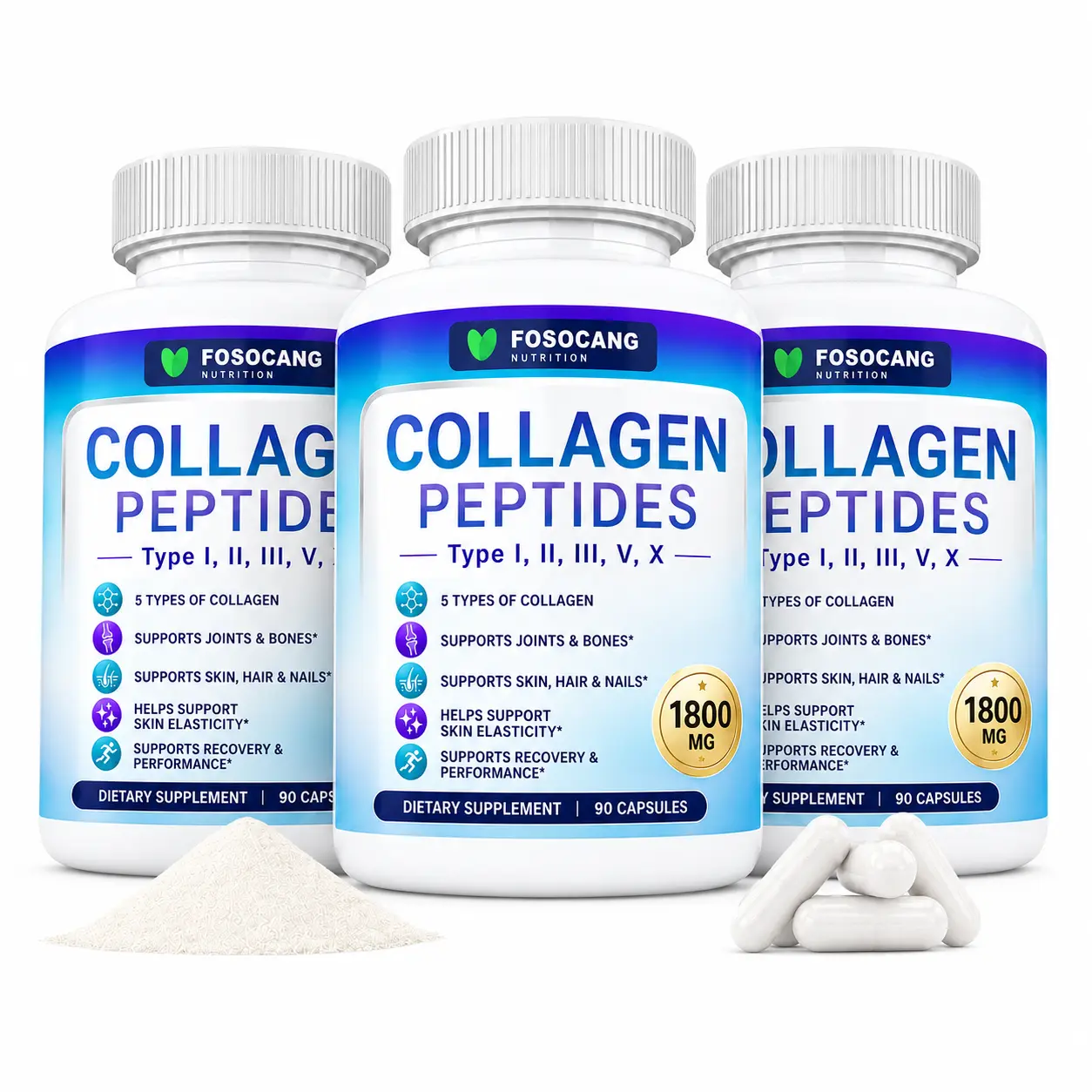 Multi Collagen Peptides Pills 1800 Mg Complex - Type I, I, Ill,V,X Premium Collagen Complex for Better Skin & HairStrong Joint,Hydrolyzed Protein, for Men Women,90Capsules, Supplement