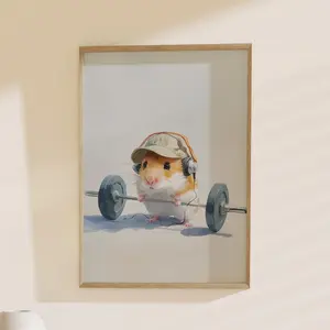[SALE UP TO 40%] [Unframed] Workout Hamster Art, Weightlifting Rodent; Gym Decor, Fitness Poster, Gamer Gift