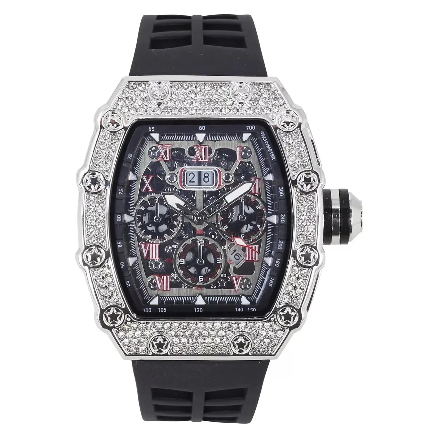 MaxBling81 Male Iced Out Hip Hop Analog Watch - Iced Gold-Silver Tone, Large Tonneau Shape, Square Dial, Waterproof, Luxury Silicon Band, Date Function, Bling Lab Diamond Bezel, Stylish All Seasons Fashion Watch, Fashionable Watch