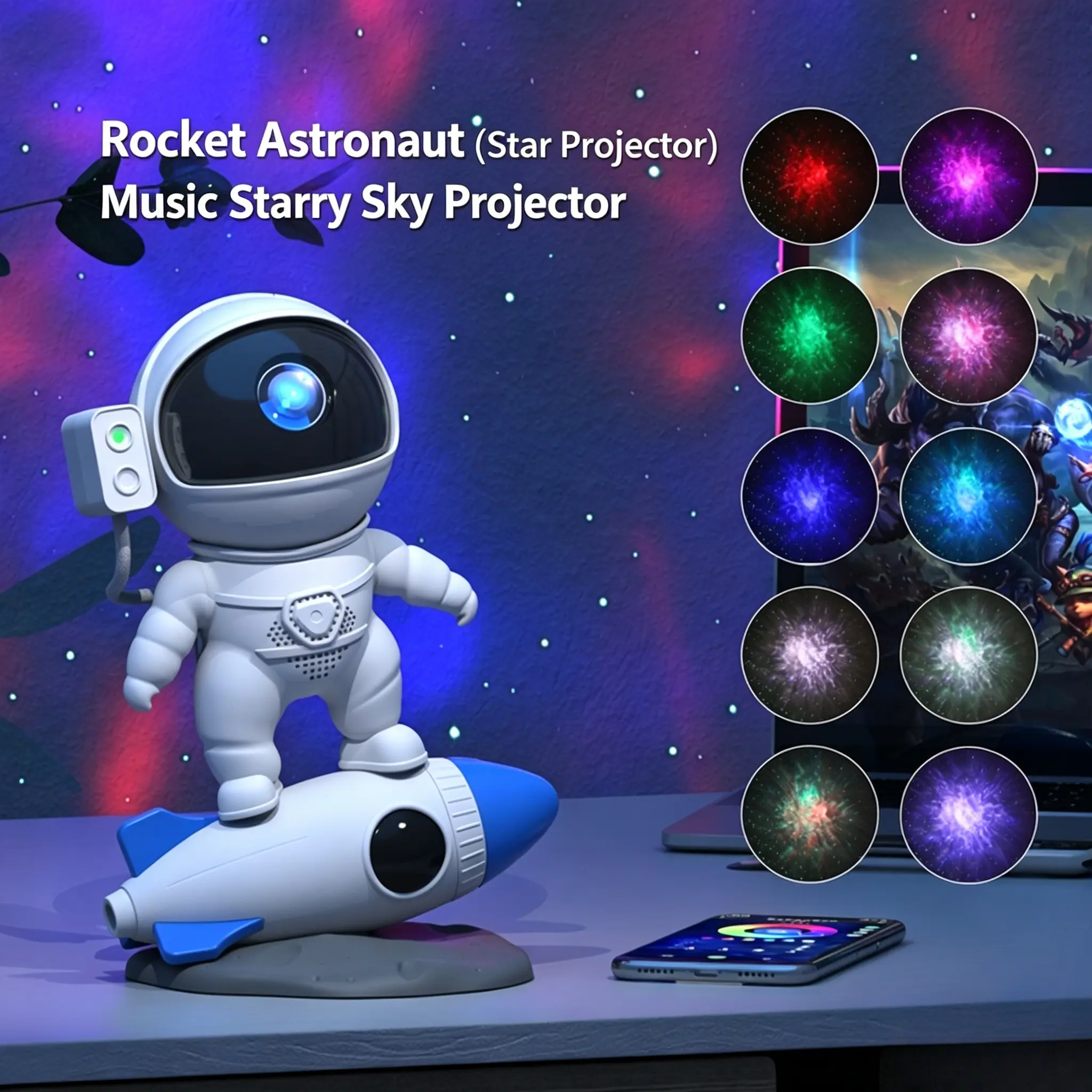 Rocket Astronaut Ambient Projection Lamp, Plug-In Type-C Powered Star Sky Light with Bluetooth Speaker, White Noise, Remote & APP Control, Rotatable Decor Night Light for Bedroom, Gift for Kids & Adults