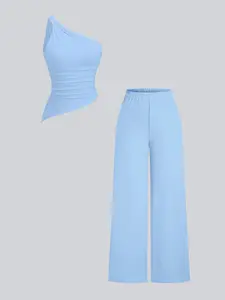 Asymmetric Ruffled Neck Knotted-Shoulder Spaghetti Strap Top & Flowy Palazzo Pant Two-Piece Set - Summer Casual