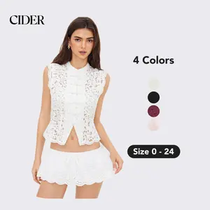 Cider Lace Mandarin Collar Guipure Split Tank Top, Women's Sleeveless Lace Design Vest for Summer Outlook, Urban Chic Summer Fashion