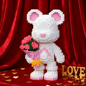 Rose Bear 3D Puzzle Building Blocks Decoration, Flower Bricks, Bookshelf Home Office Cabinet Decor, Party Living Room TV Stand Display, Ideal Gift