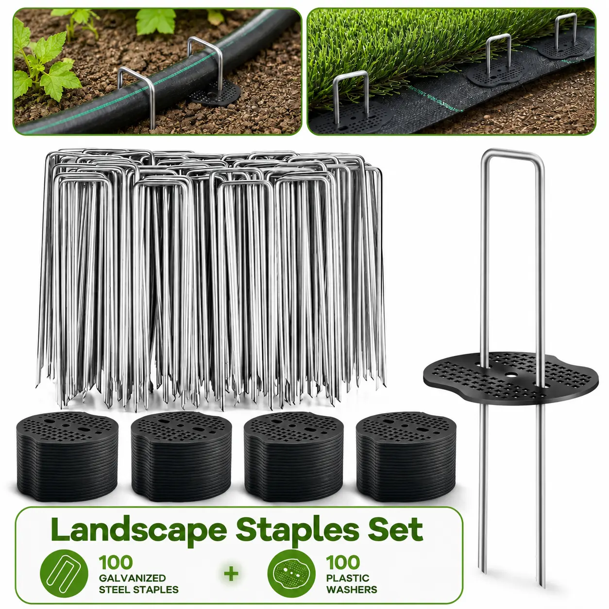 200PCS Landscape Staples Set, 100 Galvanized Steel Garden Staples with 100 Plastic Washers, 5.9 Inch Heavy Duty U-Shaped Ground Stakes for Weed Barrier Fabric, Artificial Turf and Irrigation Hose