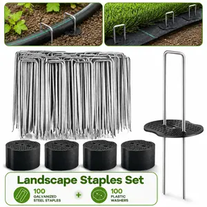 200PCS Landscape Staples Set, 100 Galvanized Steel Garden Staples with 100 Plastic Washers, 5.9 Inch Heavy Duty U-Shaped Ground Stakes for Weed Barrier Fabric, Artificial Turf and Irrigation Hose