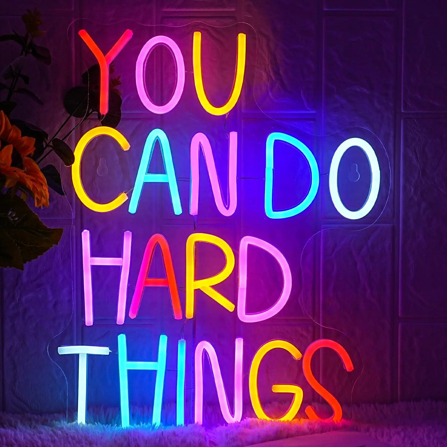 summerwins "You Can Do Hard Things" Vibrant Letter Neon Sign, USB-Powered Plug-In LED Glow Light with Pre-Drilled Holes, Indoor Wall & Room Decor for Bedroom, Gym