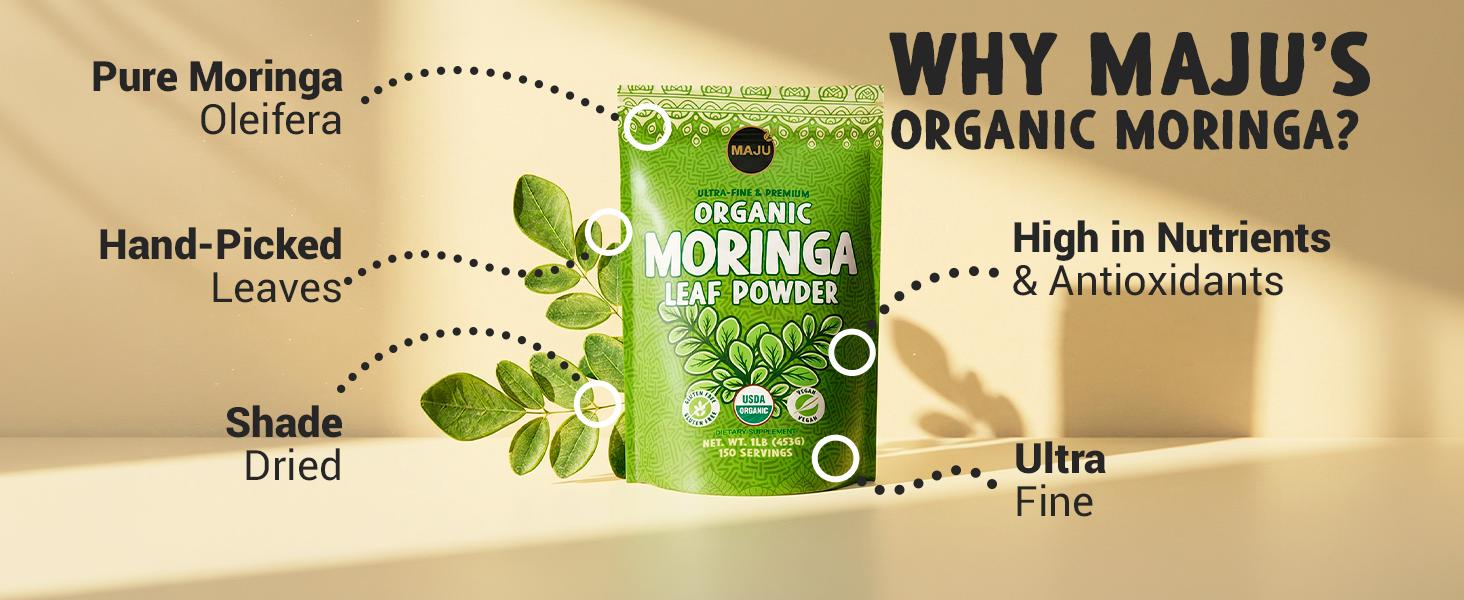 MAJU Organic Moringa Powder (1lb), Oleifera Leaf, Non-GMO and Raw, Shade Dried for Highest Nutrients, Add to Mixed Beverages Natural Superfood Nata MAJU Organic Moringa Powder (1lb), Oleifera Leaf, Non-GMO and Raw, Shade Dried for Highest Nutrients, Add to Mixed Beverages Natural Superfood Nata