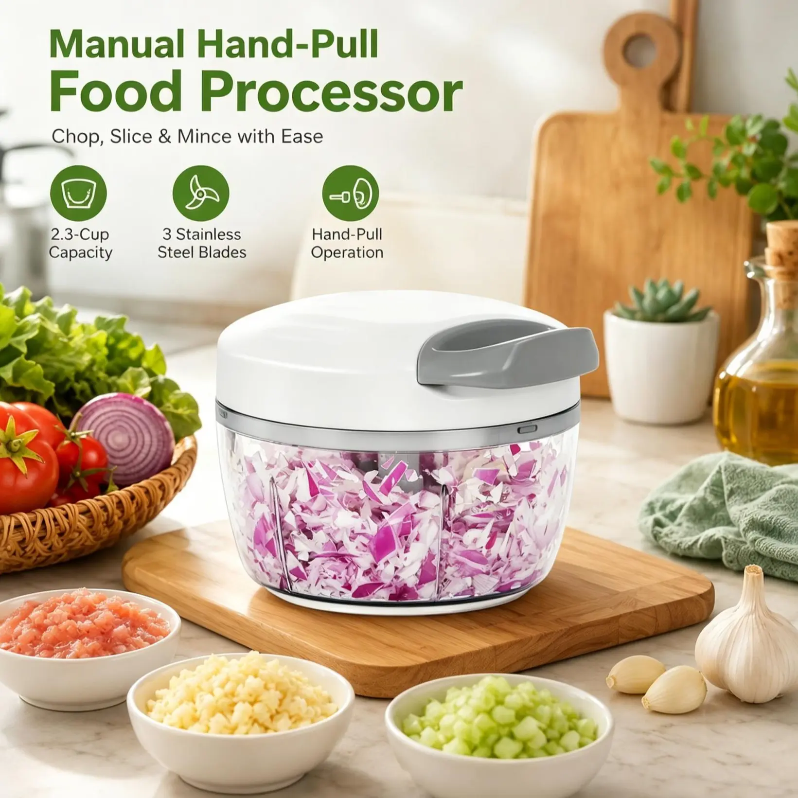 Manual Hand-Pull String Food Processor - 2-Cup Durable Vegetable Slicer, 3 Stainless Steel Blades, 2.3-Cup Small Mini Mincer, Vegetable Chopper for Onions, Garlic | Spring Glowup, Summer Vibes,summerwins summerwins