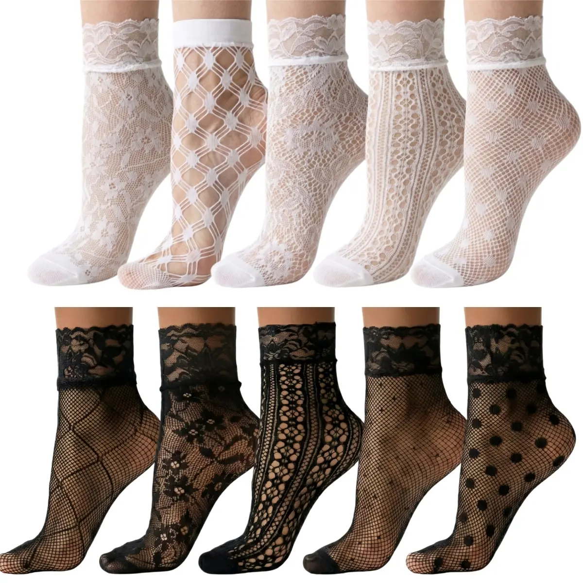 Women's 10 Pairs Retro Black & White Patterned Lace Anklet Socks - Comfortable Elastic Spandex Fit, Breathable Nylon, Ruffled Trim, Fishnet Mesh, 10 Styles to Mix, Party Outfit & Everyday Accessory