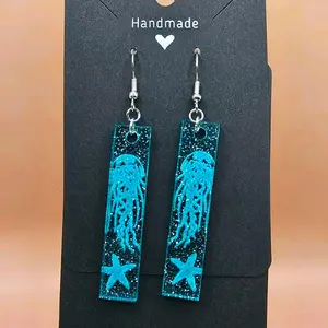 24) Rectangle Glittery Blue Jellyfish Earrings!