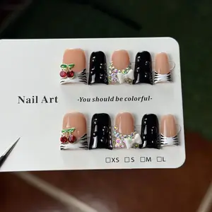 10pcs high-end Sweet style, hand-painted zebra print, three-dimensional cherry, bow, sparkling pile diamond handmade fake nails Nail Art