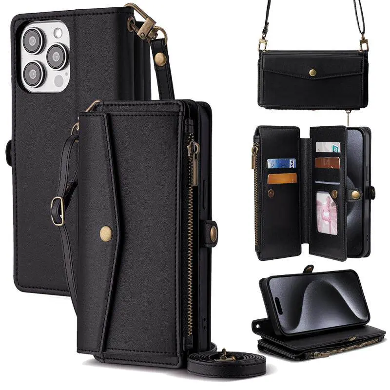Crossbody Wallet Phone Case, PU Leather Flip Purse Case with 5 Card Slots, Zipper Pocket, Adjustable Shoulder & Wrist Strap, Kickstand, Magnetic Closure, Multi-Functional Protective Phone Cover for iPhone 17 16 16Plus 15 14 13 12 Pro Max Air