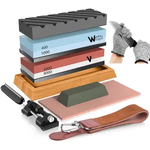 Sharpening Stone Kit - 400/1000 3000/8000 Grit Wet Kitchen Whetstone  Sharpener Set with Non-slip  Rubber Base, Angle Guide, Flattening, Leather Strop and Cut Resistant Gloves