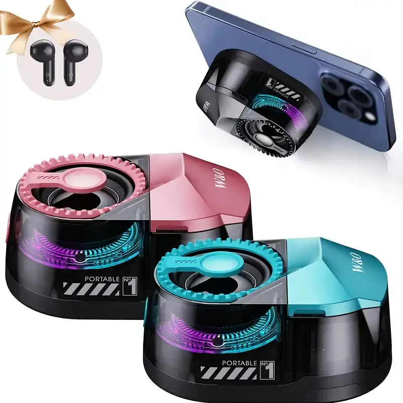 W&O 3-in-1 Compact Wireless Bluetooth Speaker with Earbuds & Universal Stand, Surround Sound, Portable Desktop Gift for Home, Travel, Wireless Speakers