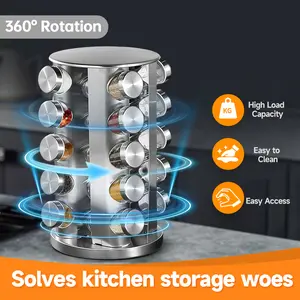 360° Rotating Multifunctional Kitchen Spice Rack & Seasoning Storage Box Set, Sturdy Base Organiser, Adjustable Metal Rack with White Cap, Kitchen Storage Shelf