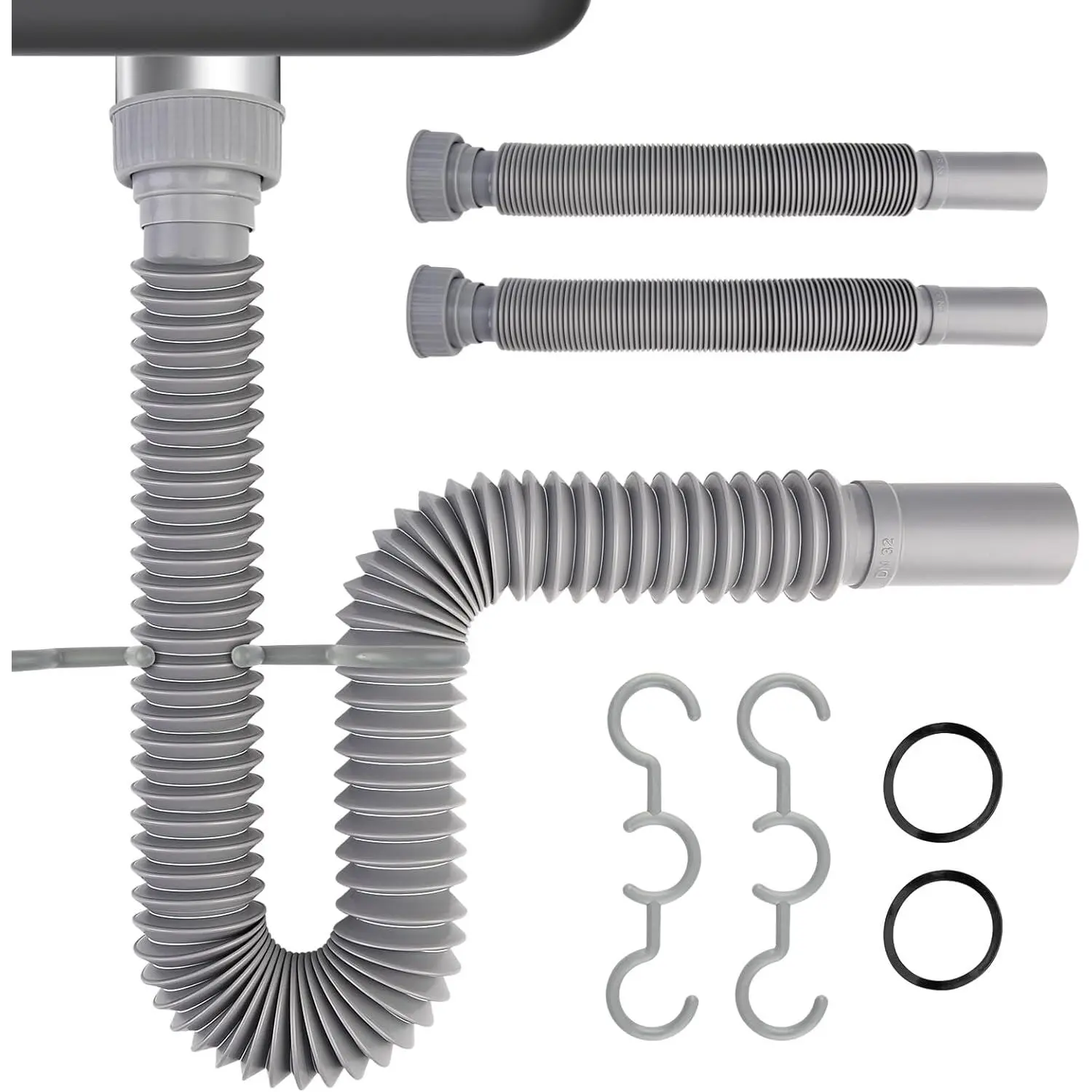 2 Pack Sink Drain Pipe, with 2 S-hooks, Expandable 11"-34.5" P Trap Flexible Sink Drain Pipe, Flexible Sink Drain Tubing for Kitchen Sink Drain & Garbage Disposal