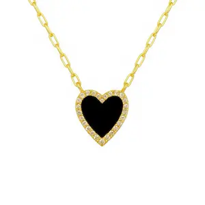 Dainty Heart Necklace, 18K Gold Filled Pave Heart Pendant, Adjustable Chain with 2” Extender, Black & White Enamel Hearts, Minimalist Jewelry