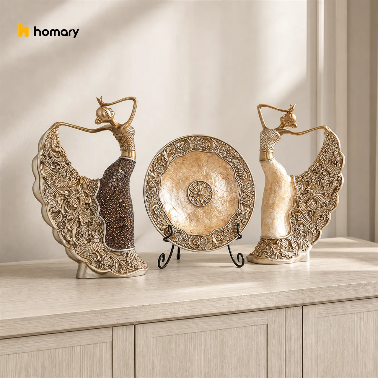 Homary 3PCS Vintage Gold Glass-Artistic Resin Collectible Figurine Set - Shell Dancer Ornaments, Compact Table Desktop Home Decor Accessories, Home Goods,dorm essentials,dorm decor,dorm room decor