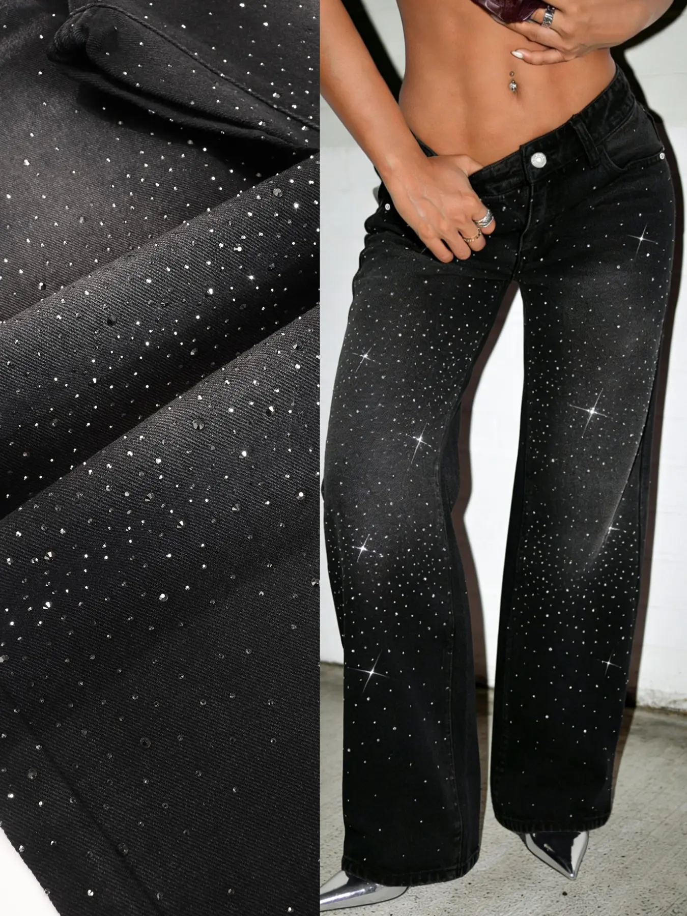 Women's Wide Leg Straight Jeans with Full Rhinestone Embroidery, Elegant Chic Style Fitted Washed Denim Jeans for Music Festivals and Game Viewing Pants Button Streetwear Womenswear