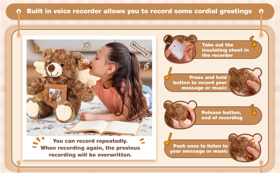 12 Inch Angel Remembrance Bear Plush Stuffed Animal with Recorder Soft Plush Animal Toy with a Picture Frame Grief Comfort Gift for Loss of loved ones Grandson Granddaughter Daughter Son Motehr Gift for Birthday Easter Mother's Day Gifts