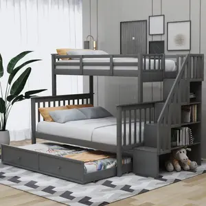 Stairway Twin Over Full Bunk Bed with Twin Size Trundle, Storage and Guard Rail for Bedroom, Dorm, Teens Adults