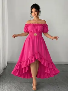 Plus Size French Irregular Ruffle Dress, Off-Shoulder Notch Neck Design, A-Line Skirt Elegant Romantic, Wedding Party Daily Wear Womenswear