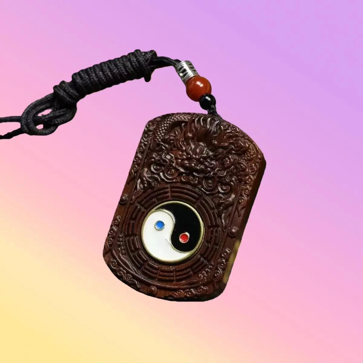 Unisex Naturally Lightning-Struck Jujube Wood Amulet Pendant, Hand-Carved Dragon-Swirling Taiji Bagua Design, 40mm Width 10mm Thickness, Daily Costume Jewelry with Symbolic Inscription for Life Growth Seekers