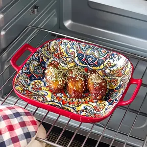 Bohemian Style Ceramic Salad Plate Tableware with Dual Handles, Vibrant Floral and Geometric Patterns, Oven and Microwave Safe, Perfect for Baking
