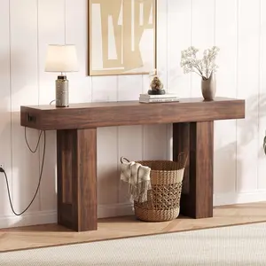 Garvee 63 Inch Console Table with Power Outlet, USB & Type C Ports, Extra Long Sofa Table for Hallway, Entryway, Living Room, 33.3" High, Rustic Brown Finish, Narrow Design