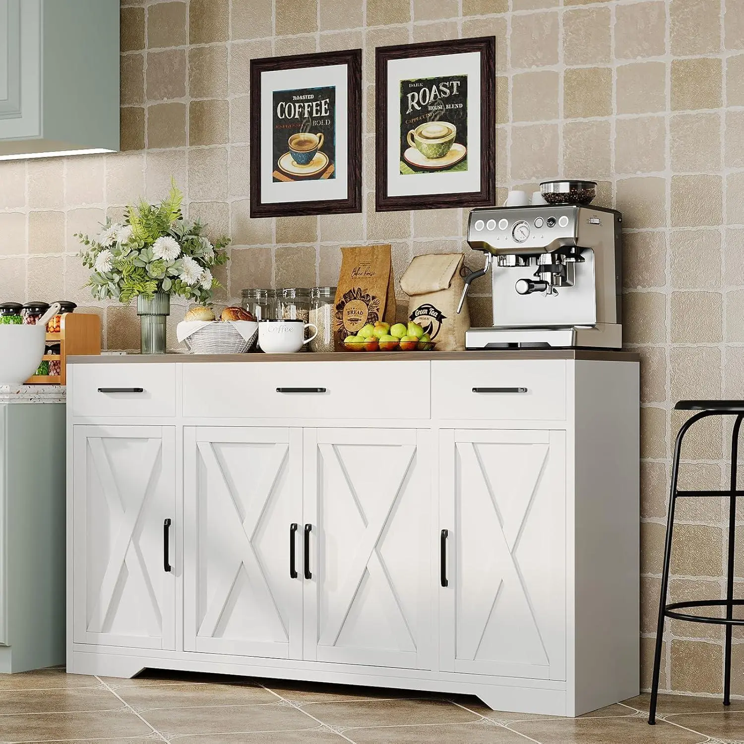 Gaomon 55" White Rectangular Rustic Farmhouse Buffet Sideboard - Wood Finish Kitchen Storage Cabinet with 3 Drawers, Adjustable Shelves, Doors, Black Metal Handles, Decorative Coffee Bar, Assembly Required, Simple Setup (for Living, Dining Rooms), Farmhou