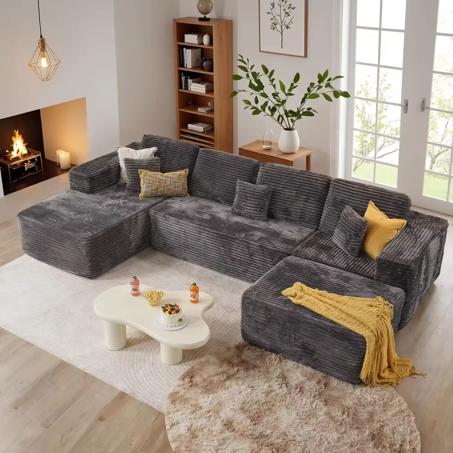[2 Packages Shipping]132'' U-shape Boneless Memory Foam Sectional Sofa, Corduroy Sectional Couches for Living Room, Oversized U Shape Comfy Modular Compression Cloud Sleeper Sofa with Deep Seat, Modular U-Shaped Sleeper Sofa，No Assembly Required，