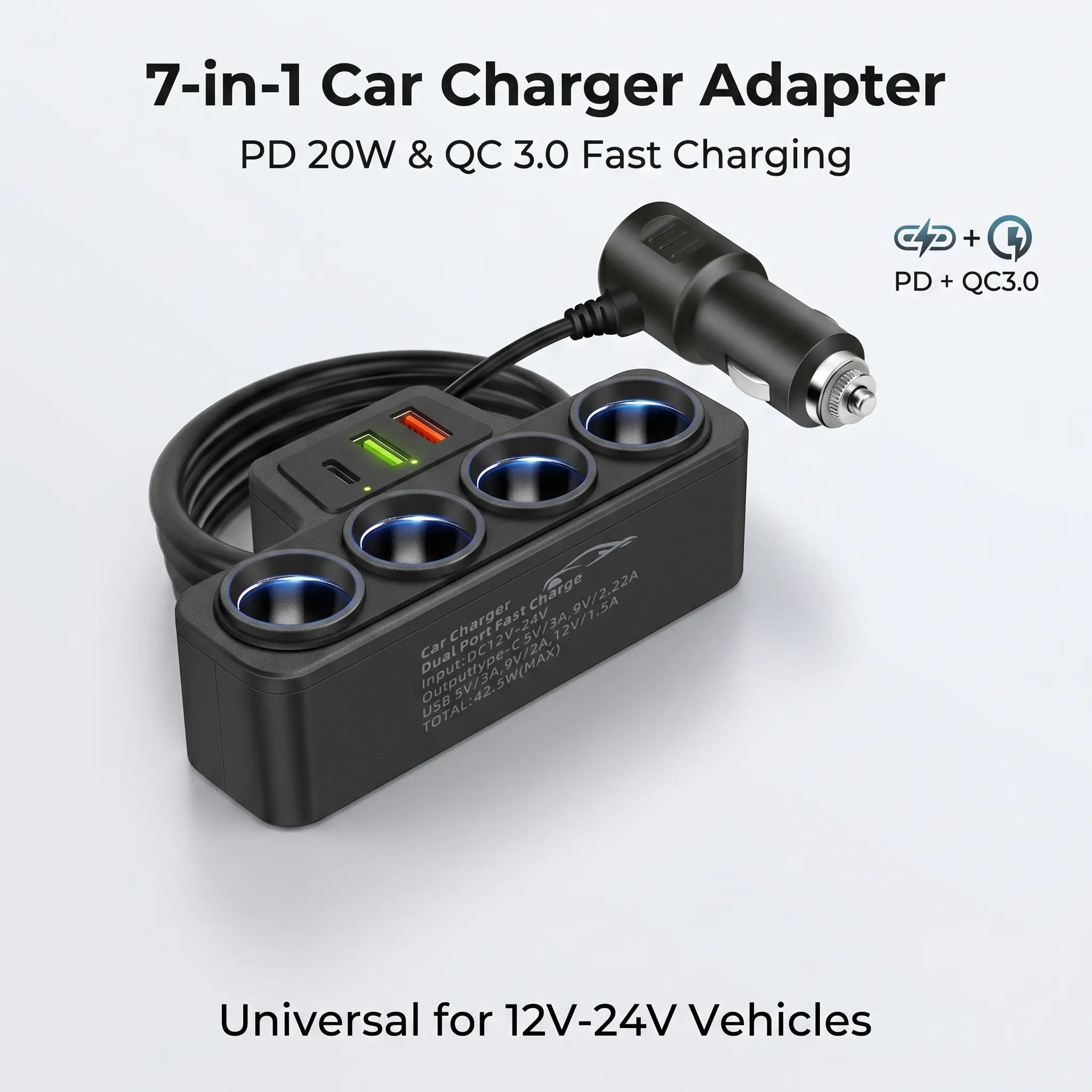 120W 4-Port Fast Car Charger | 12V/24V Cigarette Lighter Splitter QC3.0 for Carplay & GPS Electronic Accessories & Most Cars Usb Car Adapter Universal Car Adapter