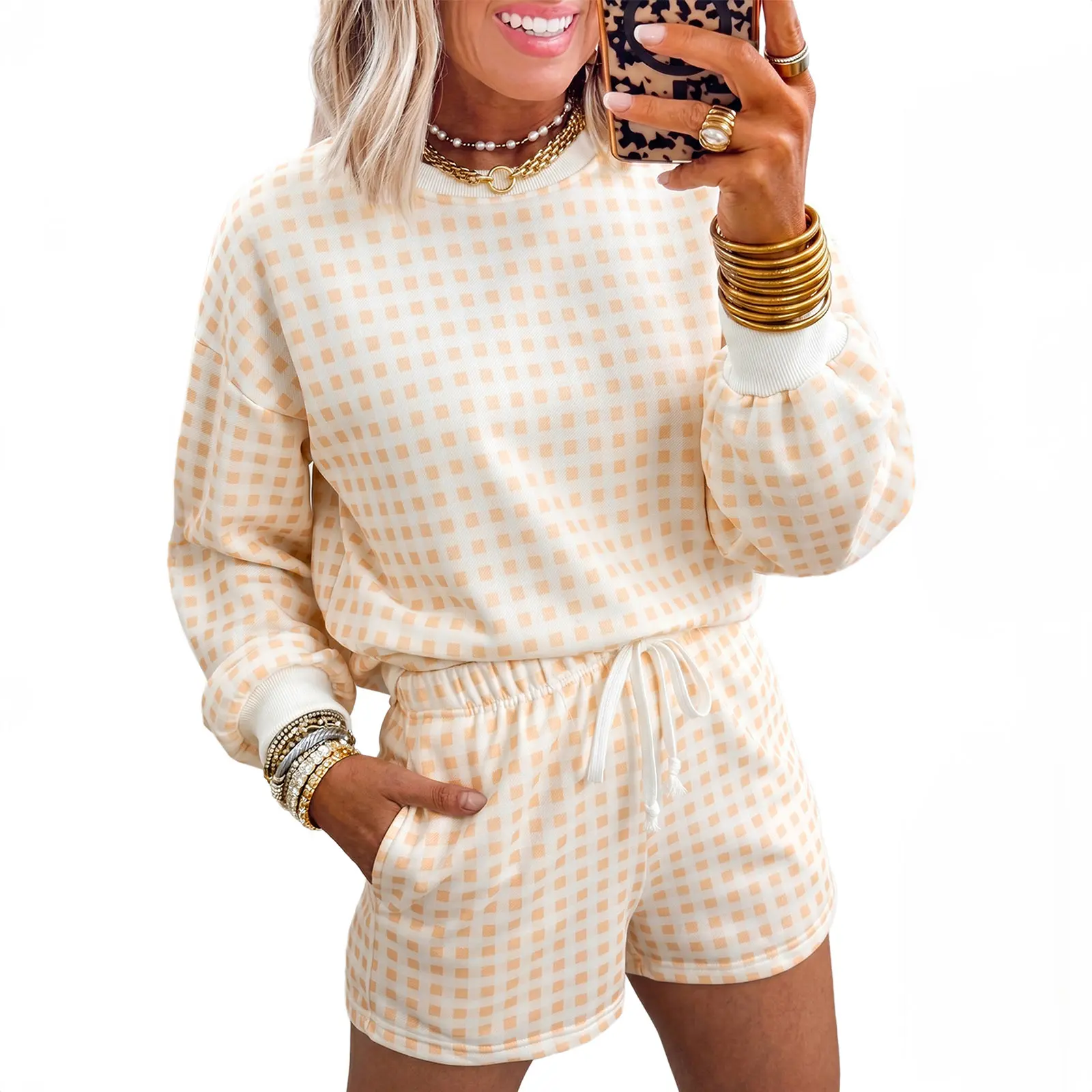 Hotapei Womens Plaid Two Piece Lounge Set Long Sleeve Crewneck Pullover Top and Drawstring Shorts Sleepwear Pajamas Casual Outfits Loungewear Cute Checkered Sweatsuit Pjs Tracksuit for Spring Autumn Daily Indoors Home Vacation Cozy Trendy Relaxed Fit Set