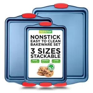 Nutrichef 3-Piece Nonstick Cookie Sheet Set – Blue | Carbon Steel Baking Trays with Silicone Handles - Stackable Oven Bakeware – For Cookies, Baking, Roasting Use - Dishwasher Safe, PFOA/PTFE Free