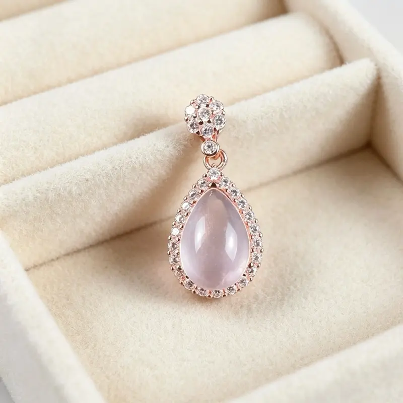 <PingEast jewelry > Rose Quartz 925 sterling silver necklace featuring a rose gold-colored teardrop-shaped pendant with natural pink crystal