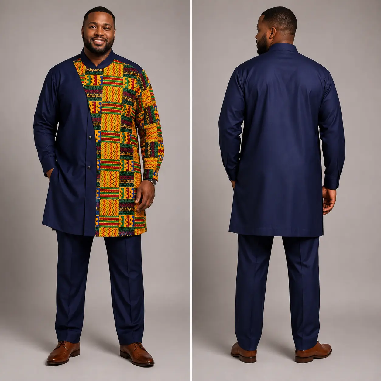 Men's 2-Piece Cultural Royal Kente Wakanda Formal Set - Bold Panels, Kente Print, Modern Twist Tunic & Matching Pants, Menswear Clothes